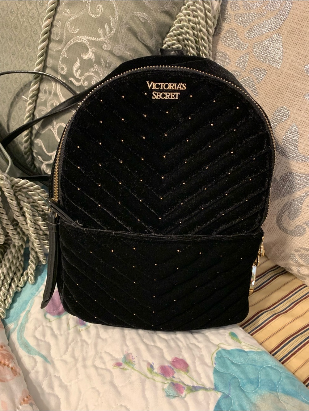 Victoria's Secret Black Quilted Velvet small city backpack with gold studs